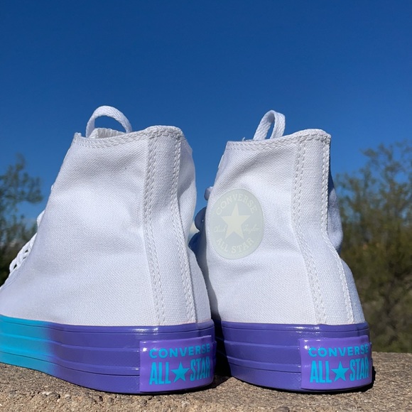 New White & Two-Tone Neon Pink & Turquoise Converse Hi Top Sneakers - Picture 7 of 13
